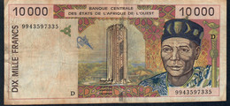 W.A.S. MALI P414Dh  10000 Or 10.000 FRANCS (19)99 1999 Signature 29      FINE NO  P.h. - West African States