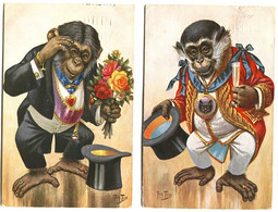Arthur Thiele 2 Postcards With Dressed MONKEYS SINGES HABILÈS Very Colourful Sent 1907 - Thiele, Arthur