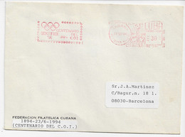 3690 Carta Habana 1994, Cuba , Centenario Del Coi ,  Deporfilex , Franqueo Mecánico, - Covers & Documents