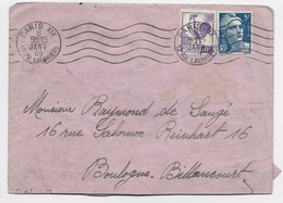 COQ 10FR +5FR GANDON BLEU LETTRE MAL OUVERTE MEC PARIS XIX 8 JANV 1949 AU TARIF - 1944 Coq Et Marianne D'Alger