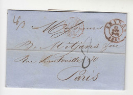 1854 INCOMING MAIL ANVERS-PARIS+Rouge ANCERS+ROUGE Transit-LL565 - 1849-1865 Medallions (Other)