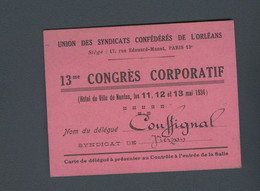 Carte De L'union Des Syndicats Confédérés De L'Orléans 1934 - Congrès Corporatif à Nantes - Mitgliedskarten