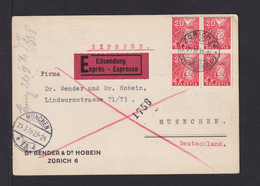 1936 - 20 C. 4er-Block Auf Eilbotenkarte Ab Zürich Nach München - Covers & Documents