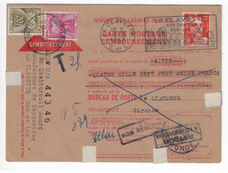 LA CLAYETTE Saône Loire Mandat Carte Contre Remboursement 12F Gandon Orange Retour Taxe 25 F Yv 885 T 75 77 Ob 1952 - 1859-1959 Storia Postale