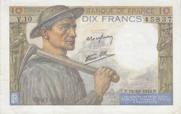 Billet 10 F Mineur Du 15-10-1942 FAY 08.04 Alph. V.10 - 1 épinglage - 10 F 1941-1949 ''Mineur''