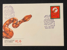 MACAU 198 INDIA"89 COMMEMORATIVE CANCELATION ON ZODIAC YEAR OF SNAKE FDC - RARE - Cartas & Documentos