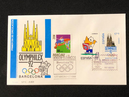 MACAU OLYMPHILEX 92 VCOMMEMORATIVE CANCELLATION ON OFFICIAL COVER USED - Storia Postale