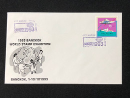 MACAU BANGKOK 93 WORLD STAMP EXHIBITION COMMEMORATIVE CANCELLATION ON OFFICIAL COVER - Cartas & Documentos