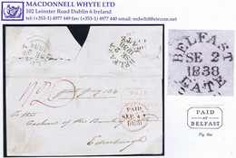 Ireland Belfast Late Mail 1838 Front And Part Back PAID/AT/BELFAST And BELFAST/LATE "post Pay 134" - Préphilatélie