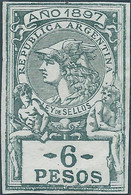 ARGENTINA,1897 Revenue Stamp Tax - Fiscal 6 PESOS,Imperforated,Gum - Oficiales