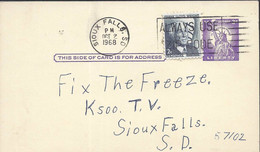 USA Briefkaart  UX46 Statue Of Liberty Met Bij Frankering Gebruikt Sioux Falls Oct-2-1968 (7326) - 1961-80