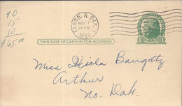 USA Briefkaart  UX27 Jefferson Gebruikt Fargo. N. Dak. Nov-7-1936 (7327) - 1921-40