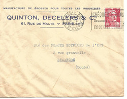 France Enveloppe Quinton Paris Cachet à Date Paris XV Rue St Martin1948 - Oblitérations Mécaniques (Autres)