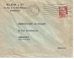 France Enveloppe Klein & Cie Paris Cachet à Date Paris XI Rue Mercoeur 1947 - Oblitérations Mécaniques (Autres)