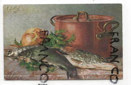 CPA. Nature Morte. Marmite En Cuivre, Poissons, Oignon. Signée M. Billing (1905 ?) - Billing, M.