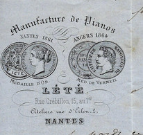 1865 ENTETE Lété MANUFACTURE DE PIANOS à NANTES Loire Atlantique  Concerne Piano Gaveau - 1800 – 1899