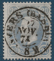 Belgique Profil Gauche N°31 20 Centimes Bleu Oblitéré 1874 Dateur ANVERS / BASSIN Frappe Superbe ! - 1865-1866 Profile Left