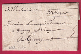 LETTRE DE PARIS 1687 POUR GUINGAMP MENTION BRETAGNE LETTRE COVER FRANCE - ....-1700: Précurseurs