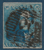 Belgique épaulettes N°2 20 Centimes Bleu Clair Oblitéré Grandes Marges TTB - 1849 Schulterklappen