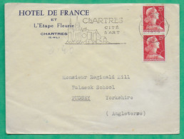 N°1011C PAIRE MARIANNE MULLER ENVELOPPE PUB HOTEL DE FRANCE CAD ILLUSTREE CHARTRES POUR PUDSEY ANGLETERRE 1959 - 1955-1961 Marianne Of Muller