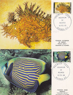 28615# NOUVELLE CALEDONIE 2 CARTES POSTALES PREMIER JOUR AQUARIUM DE NOUMEA 1986 POISSON ANGE IMPERIAL SCORPION MERLET - Maximumkaarten