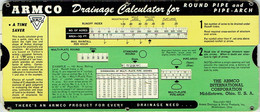 ARMCO. Drainage Calculator For Round Pipe & Pipe Arch. Middletown, Ohio, U.S.A. Copyright 1952. - Matériel Et Accessoires