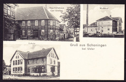 Um 1910 Gelaufene AK: Gruss Aus Schoningen Bei Uslar. Geschäftshaus Ebeling, Molkerei Und Schule. Marke Minim Fleckig. - Uslar