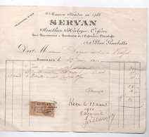 Bordeaux (33 Gironde) Facture  SERVAN  Joaillier Horloger...1910 Avec Timbre Fiscal  (PPP37672) - Non Classés