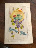 CPA Fantaisie Brodée Ancienne * Bonne Fête ! * Paysage , Fleurs * Médaillon - Brodées