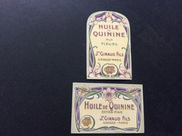 2 ETIQUETTES DE PARFUM  Huile De Quinine  Jn GIRAUD FILS  Grasse-Paris - Etiquetas