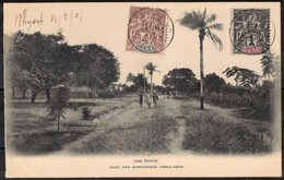Dahomey 1907 - Affranchissement Mixte à 5c Sur CPA - Une Route Avec Des Marchands Ambulants De Ouidah Pour Montreuil - Covers & Documents