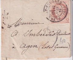 1874 - CERES 2c SEUL Sur PETITE BANDE De CLERMONT-FERRAND (PUY DE DOME) => AGEN - 1871-1875 Ceres