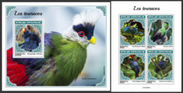 Central African Republic 2021 Birds Turacos Set Of 5 Stamps In 2 Blocks - Koekoeken En Toerako's