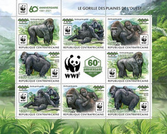Central African Republic 2021 WWF Gorillas Sheet Of 2 Sets Of 4 Stamps And Coupons Overprinted With Green Foil - Gorilles