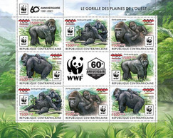 Central African Republic 2021 60th Of WWF Gorillas Sheet Of 2 Sets Of 4 Stamps And Coupons Overprinted With Red Foil - Gorilas