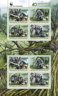 Central African Republic 2021 WWF Chimpanzee Block Of 2 Strips Of 4 Stamps And 2 Coupons Overprinted With Green Foil - Schimpansen