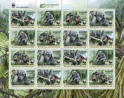 Central African Republic 2021 WWF Chimpanzee Sheet Of 4 Strips Of 4 Stamps Overprinted With Green Foil - Chimpancés