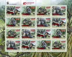 Central African Republic 2021 WWF Chimpanzee Sheet Of 4 Strips Of 4 Stamps Overprinted With Red Foil - Chimpancés