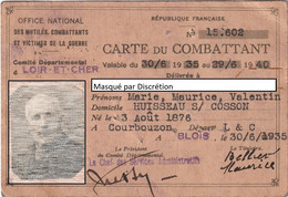 Carte Du Combattant Du 30-06-1935 (Val. Du 30-06-1935 Au 29-06-1940) (Recto-Verso) - Membership Cards