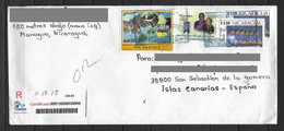 Nicaragua Regustered Cover With Painting , Social Security & Italy 90 Worldcup Stamps - Nicaragua