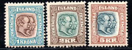 923.ICELAND,1907 CHRISTIAN IX & FREDERICK VIII 1,2,5 KR. # 83,84,85 MH - Nuovi