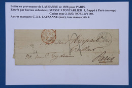 AX4 SUISSE BELLE  LETTRE 1858 LAUSANNE POUR PARIS  FRANCE  +AFFRANCH. INTERESSANT - ...-1845 Préphilatélie