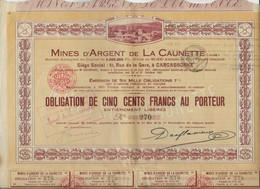 MINES D'ARGENT DE LA CAUNETTE - CARCASSSSONNE - OBLIGATION DE 500 FRS -ANNEE 1921 - Bergbau