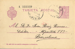 1929 , ALMERIA  , E.P. 57 CIRCULADO , VERA - BARCELONA , LLEGADA - 1850-1931