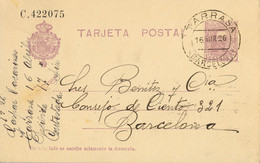 1926  , BARCELONA   , E.P. 57 CIRCULADO , TARRASA - BARCELONA , LLEGADA - 1850-1931