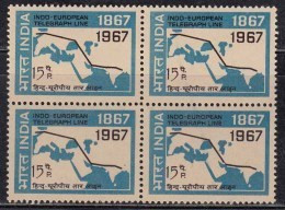 Block Of 4, MNH India, 1967 Indo European Telegraph Service, Telecom . Map - Blokken & Velletjes