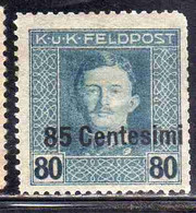 AUSTRIAN OCCUPATION OCCUPAZIONE AUSTRIACA 1917 1918 IMPERATORE EMPEROR CARL I CARLO CENT. 85c Su 80h MH - Occ. Autrichienne