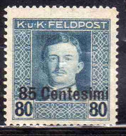 AUSTRIAN OCCUPATION OCCUPAZIONE AUSTRIACA 1917 1918 IMPERATORE EMPEROR CARL I CARLO CENT. 85c Su 80h MH - Oostenrijkse Bezetting