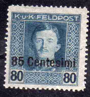 AUSTRIAN OCCUPATION OCCUPAZIONE AUSTRIACA 1917 1918 IMPERATORE EMPEROR CARL I CARLO CENT. 85c Su 80h MNH - Oest. Besetzung