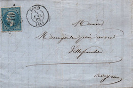 7698  LETTRE  20C Napoléon  AUBIN  (12 Aveyron) GC 210 Gros Chiffres   Pour Villefranche  5 07 1863   (recto-verso) - 1849-1876: Période Classique